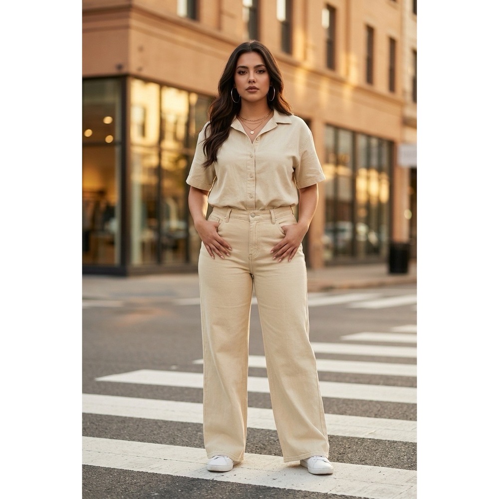 1822 Denim RE:DENIM High Rise Slim Wide Leg Jeans Beige Tan Size 14/32 NWT
